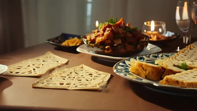 a pan video across a table with traditional passover foods in soft light during passover seder, a silver seder plate gleams