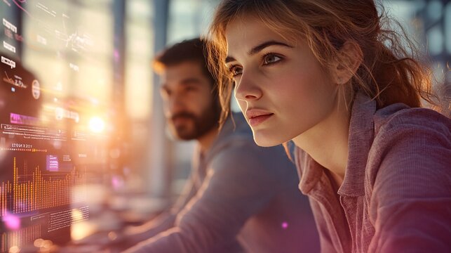 Focused Team Analyzing Data on Digital Displays in Open-Plan Office Setting