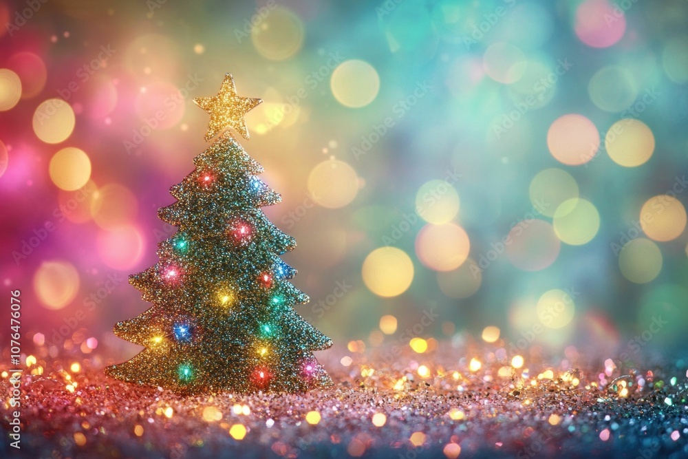 Poster christmas tree with colorful lights and star on top, sparkling background with bokeh effects perfect