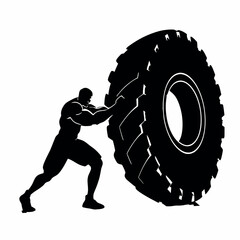 A man is lifting a tire. The tire is black and white. The man is wearing shorts