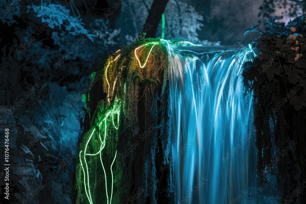Poster a cascading waterfall illuminated with green and blue lights in a dark forest setting.