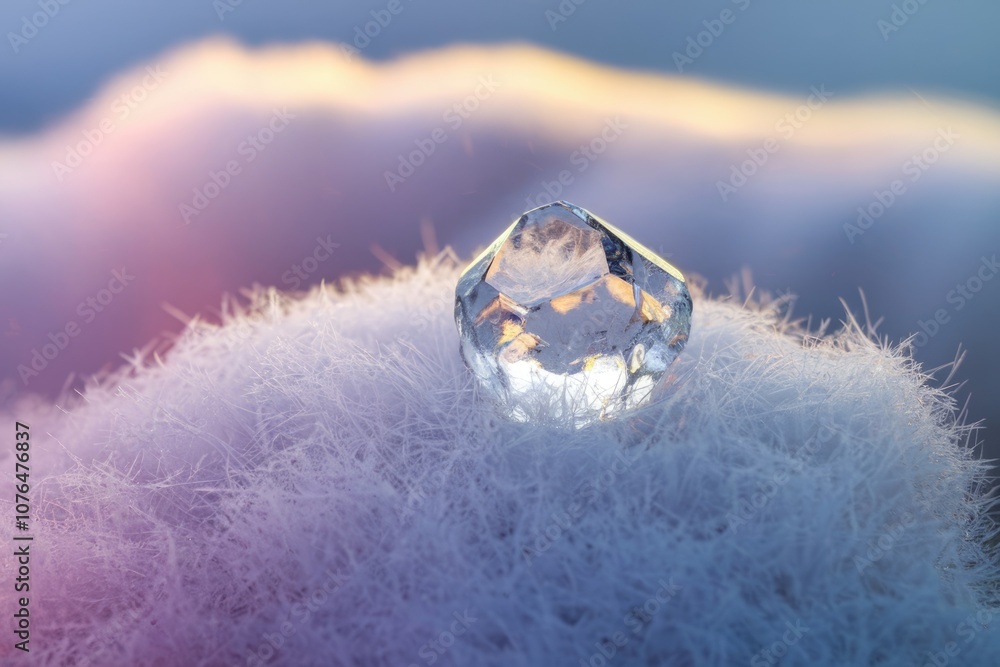 Poster a clear crystal resting on a fluffy white surface with a soft pink and blue background.