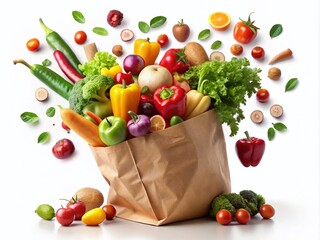 Fresh Vegetables and Fruits Burst Out of a Brown Paper Bag Against a Solid White Background, Showcasing Nature's Bounty in a Vibrant and Dynamic Composition