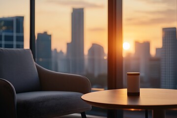 Modern armchair and coffee table with a cityscape view and sunset in the background.