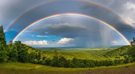 Naklejka premium Majestic double rainbow over lush green landscape with blue sky and dramatic clouds