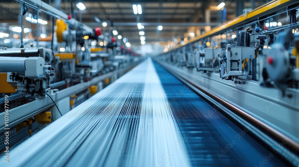 Poster long row of weaving machines in textile factory. long row of weaving machines in a modern textile fa