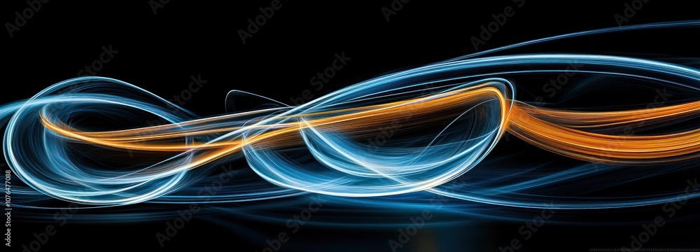 Poster abstract light trails in blue and orange, creating dynamic curves and shapes