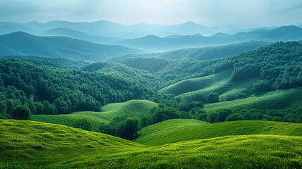 Fototapeta premium Beautiful Green Hills and Misty Mountains Under Soft Sunlight