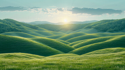 Beautiful Green Hills and Misty Mountains Under Soft Sunlight