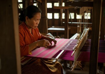 Middle-aged asian female artisan weaving traditional textile on loom in rustic workshop