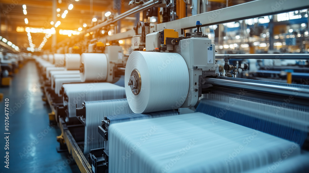 Aufkleber rolls of fabric on weaving machines in textile factory. large rolls of fabric on weaving machines in