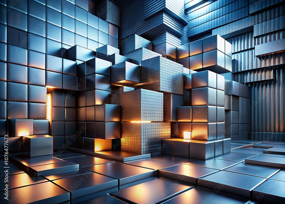 Poster futuristic architectural blocks in dark background - abstract 3d render of ribbed and smooth wall co
