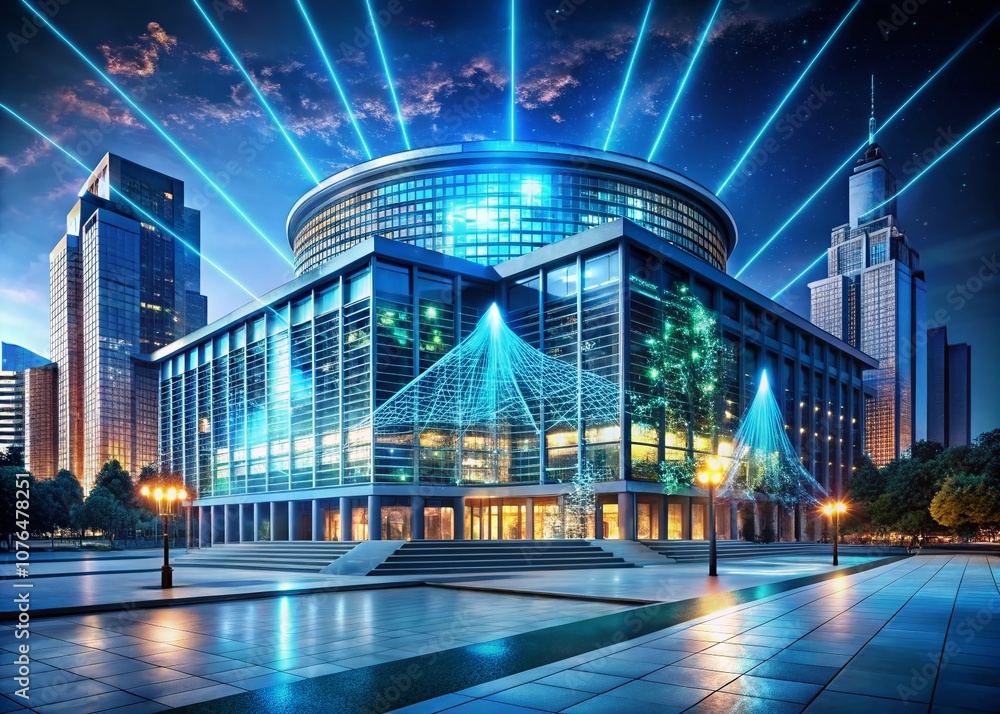 Aufkleber futuristic government building with dynamic holographic projections showcasing data graphs in a low 