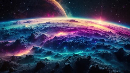 Fototapeta premium A breathtaking view of a colorful cosmic landscape, featuring mountains, stars, and a distant planet in the backdrop. Perfect for sci-fi and space-themed projects