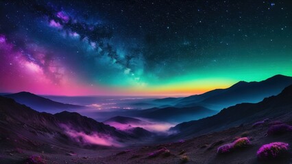 A breathtaking view of a colorful cosmic landscape, featuring mountains, stars, and a distant planet in the backdrop. Perfect for sci-fi and space-themed projects