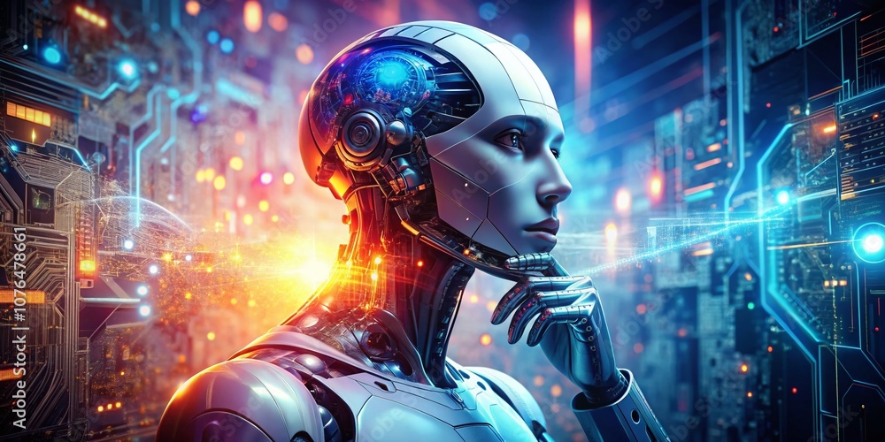 Poster futuristic robot deep in thought with digital circuitry background and luminescent elements represen