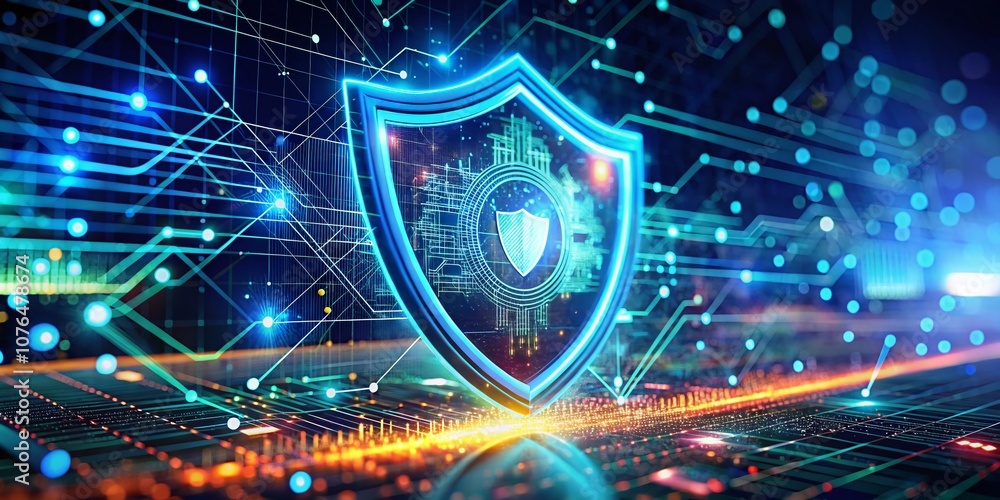 Poster futuristic security monitoring device with glowing cyber shield illustrating the concept of digital 