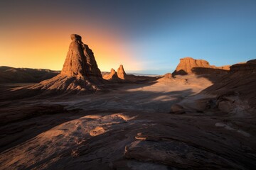 A majestic sandstone rock formation dominates the desert landscape during a stunning sunset.