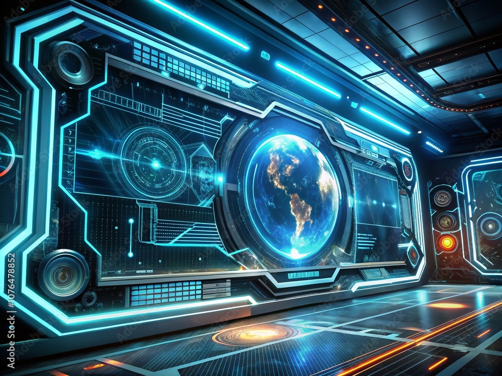 Poster futuristic user interface hud elements for sci-fi video game design with modern banners and callouts