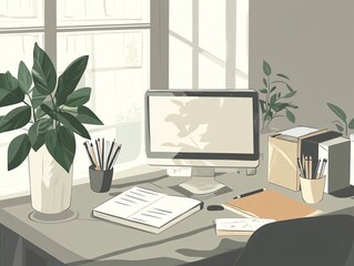 Fototapeta premium Organized workspace, productivity tools, serene home office, flat design illustration
