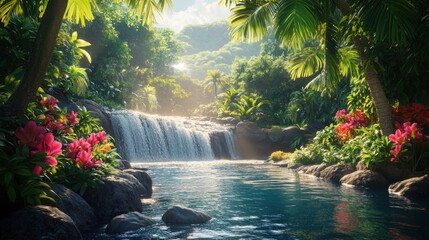 Lush Tropical Waterfall Cascading into Tranquil Pool