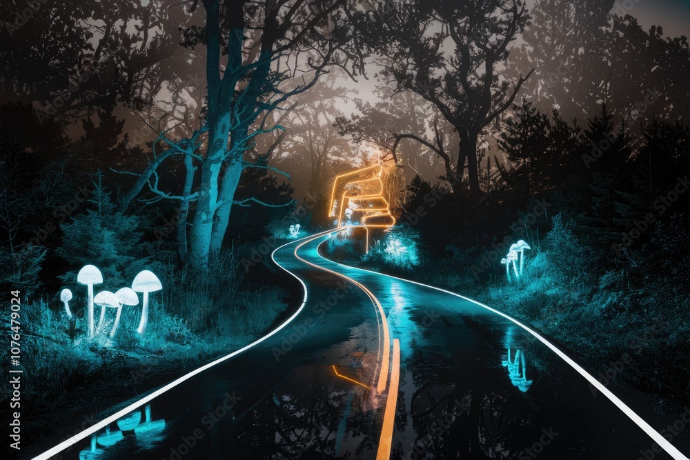 Poster a winding road through a dark forest illuminated by glowing lines and mushrooms.