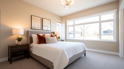Modern bedroom with a large window overlooking a green lawn, a white duvet and a bedside table with a lamp.
