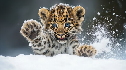Obraz premium Adorable leopard cub playing in the snow, wildlife winter scene with playful baby animal and sparkling snowflakes, heartwarming nature photography, Ai Generation