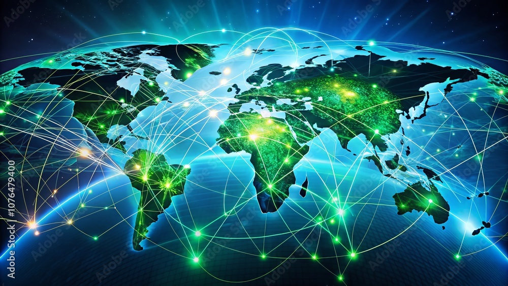 Aufkleber global network connection with illuminated world map, showcasing digital communication, internet tec