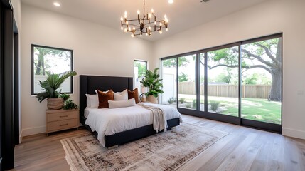 Fototapeta premium Modern bedroom with large windows overlooking a backyard.