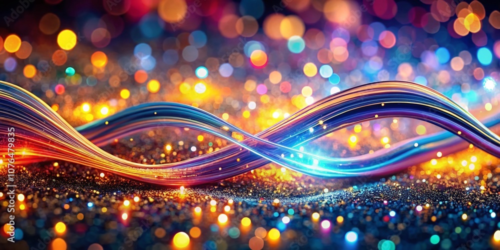 Poster glowing wavy lines with shimmering particles in an abstract background, colorful light trails creati
