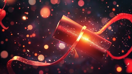 Red and Gold Gift Box With Confetti Against a Blurred Background