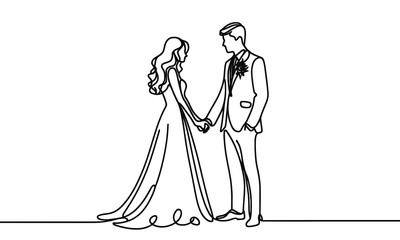 Newlyweds, wedding couple, bride and groom in continuous line drawing style. black line sketch, line design isolated on white background. Hand drawn vector illustration.