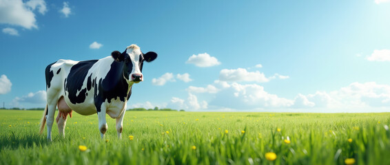 A black and white Holstein cow in a vibrant green field under a clear sky