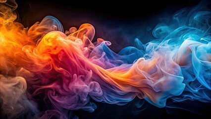 Obraz premium A striking ultrawide abstract smoke backdrop in shades of orange, pink, and blue gradients, ideal for minimalist photography, evoking creativity and serene beauty.
