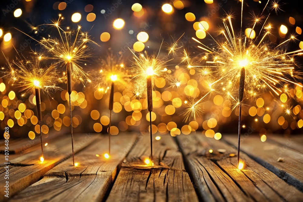 Poster golden sparklers and fireworks creating a bokeh effect on a rustic wooden surface with ample space f