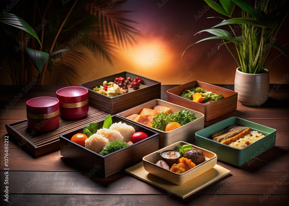 Aufkleber gradient template featuring stylish bento boxes in low light - perfect for food presentation and gra