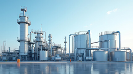 Hyper-realistic view of a chemical plant with storage tanks and piping systems