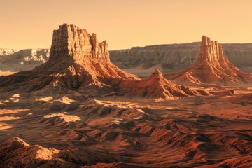 Naklejka premium A vast desert landscape with towering red rock formations under a warm golden sky.