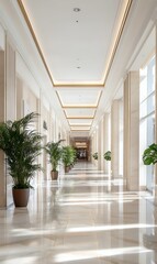 Fototapeta premium Modern, bright hallway with tall ceilings, marble floors, and potted plants.