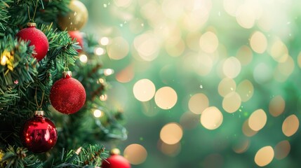Christmas Tree with Red Ornaments and Sparkling Lights