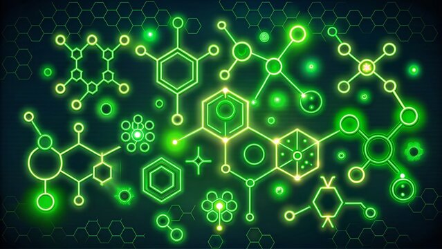 Green Molecule Line Icons Illustrating Amino Acids, Peptides, Hormones, Proteins, Collagen, Ozone, and O2 Chemical Formulas for Chemistry Education and Research