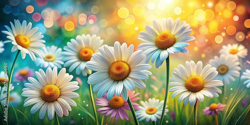Poster groovy summer vibes with daisy flowers in a retro style, embracing colorful bokeh effects for a joyf