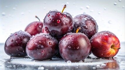 A cluster of plums is shown on a snowy-white background with large droplets of slimy sap dripping from the plums, viscous, fluid, gelatinous, glistening