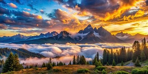Obraz premium At dawn, the mountains rise dramatically, cloaked in ethereal clouds. The sky bursts with warm hues, painting a breathtaking panorama that enchants all.