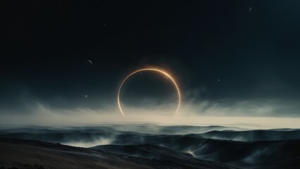 A breathtaking view of a cosmic landscape featuring a glowing ring around a distant planet, surrounded by ethereal clouds and starry skies. Perfect for sci-fi themes