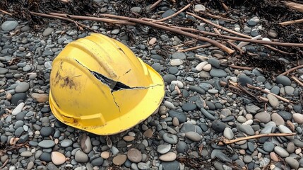 Broken yellow hard hat lying on pebble beach after accident