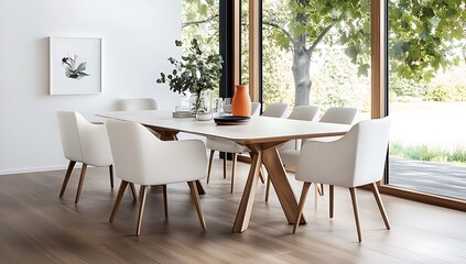 Modern dining room interior with white chairs, wooden table, and large windows overlooking a garden.