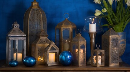 Obraz premium Ornate Lanterns and Candles with Blue Accents on a Wooden Surface