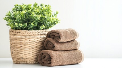 Brown Towels and Green Plant in a Wicker Basket